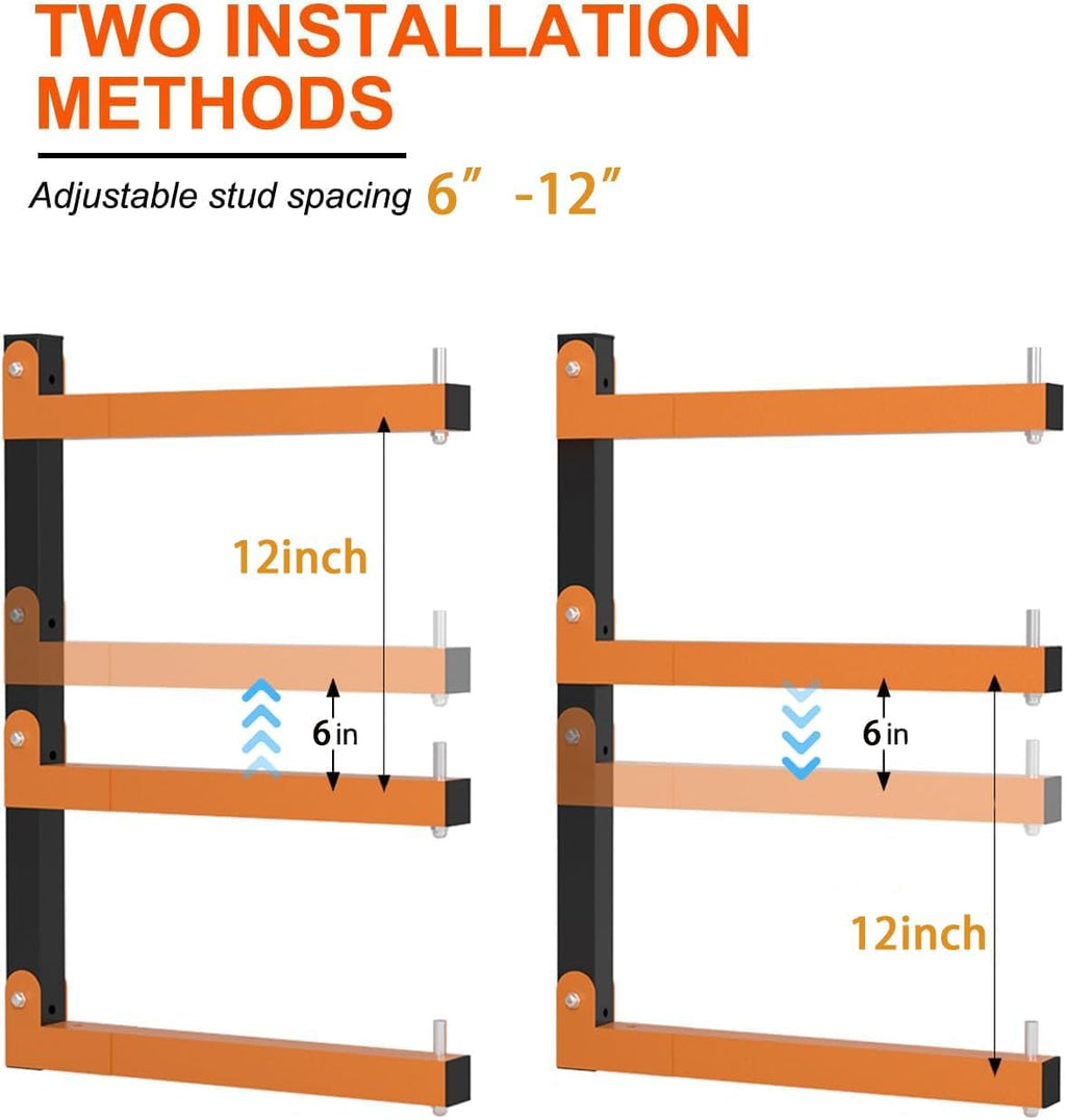 Lumber Rack Heavy Duty Wood Racks Wall Mount Folding Lumber Storage Racks with 3-Level Holds Up 360 LBS Sturdy Folding Garage Wood Organizer Orange Shelving Metal Shelf for Indoor & Outdoor- 2 Pack