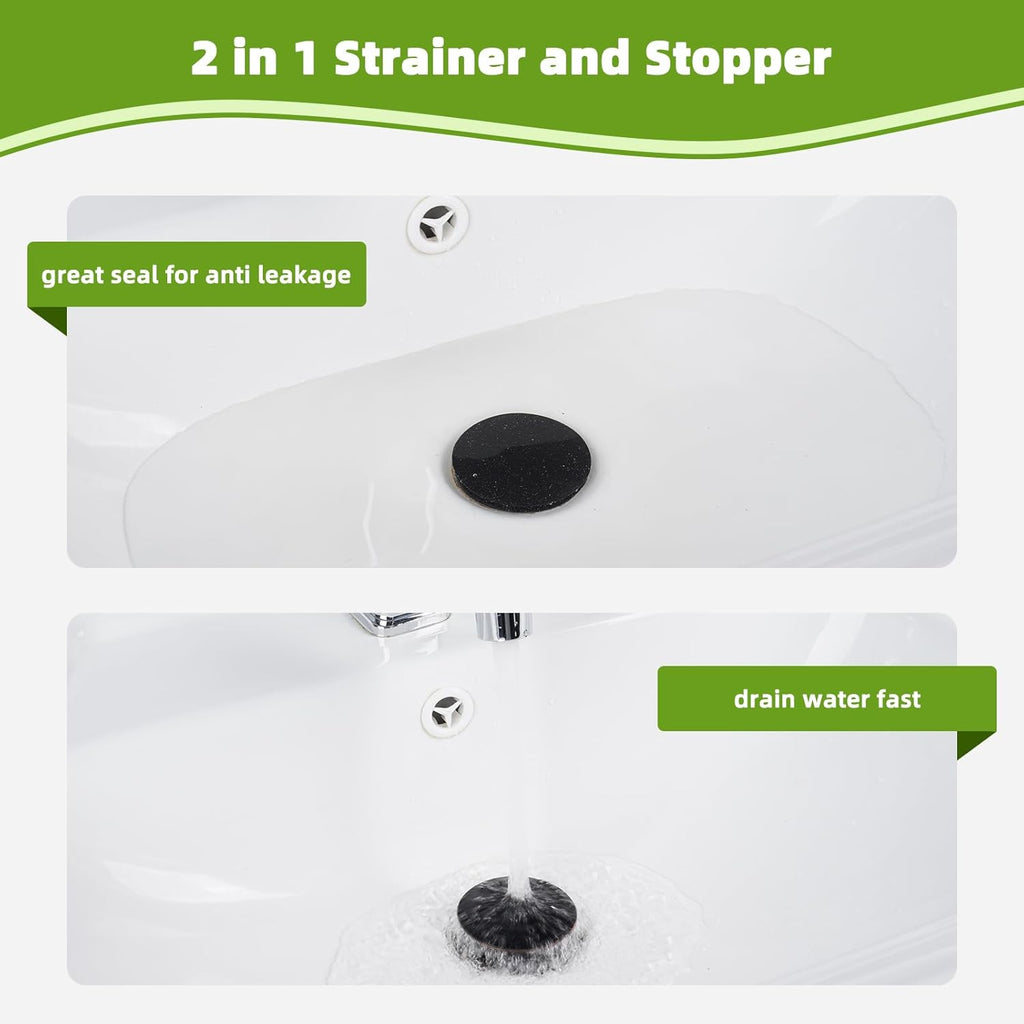 Universal 2PCS Bathroom Sink Stopper 2 in 1 Pop Up Metal Sink Drain Strainer with Hair Catcher, Fit for 1.1~2.36" Sink Basin Hole, Big Cover Cap, Anti-clog, Oil Rubbed Bronze