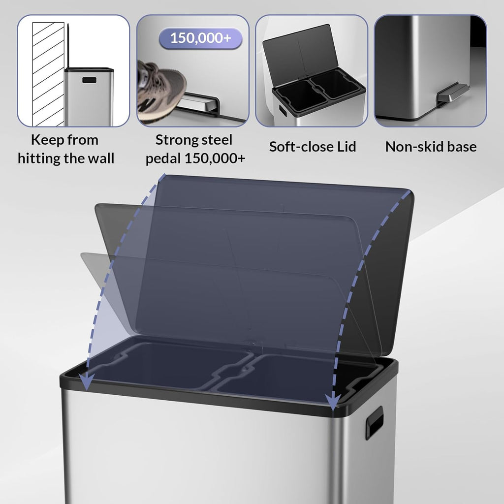 GarveeHome Step Dual Trash Can, 60L/16 Gallon Recycle Bins with Lid, 2 Removable Wastebusket, Step Pedal, Large Stainless Steel Double Trash Bin for Kitchen, Bathroom