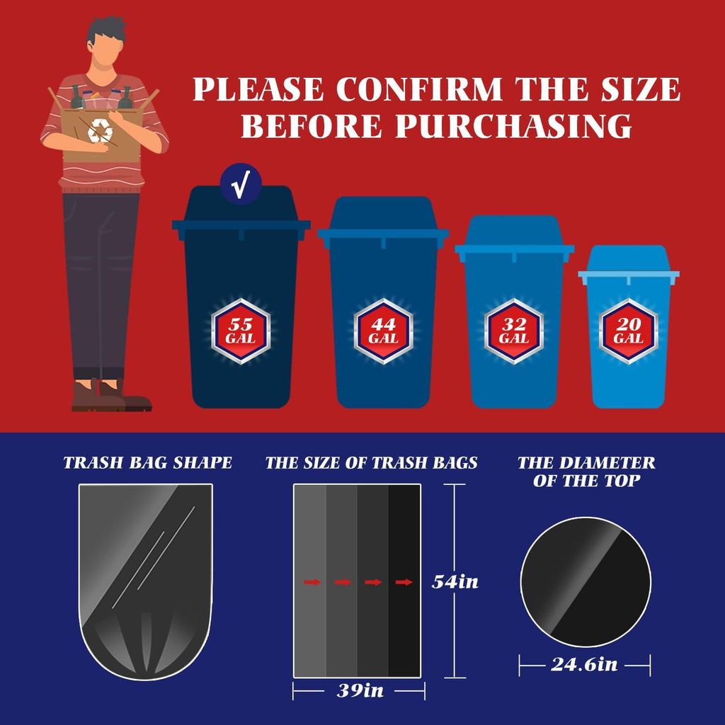 Teivio 55-60 Gallon Black Trash Bags | 170 Bags Extra Large Multi-Use Heavy Duty Commercial Garbage Bags | Lawn And Leaf Bags | Outdoor Yard Waste Bag | Contractor Workshops Trash Bin Liner