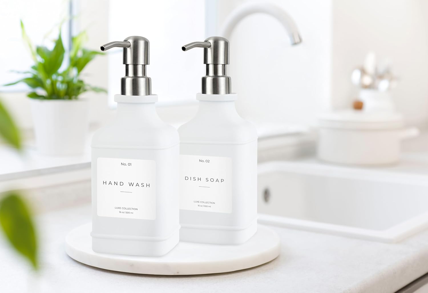 Emerson Essentials Soap Dispenser, Dish Soap Dispenser, Soap Dispenser Bathroom Set, Hand Soap Dispenser, Kitchen Soap Dispenser Set, Glass Soap Dispenser with Pump + Labels | 16 Oz, 2-Pack