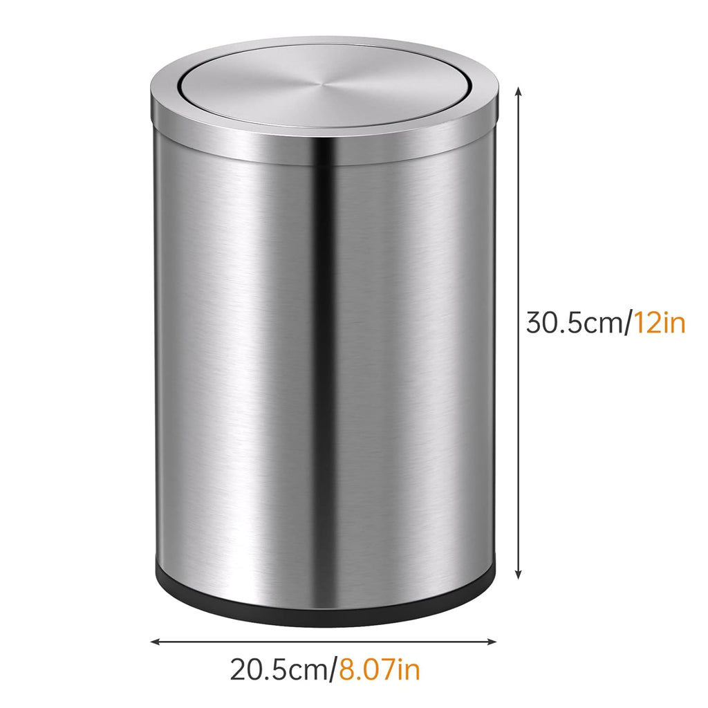 Mbillion Small Trash Can with Swing Lid 2.4 Gallons/9 Liter, Mini Trash Can with lid, Stainless Steel Cylindrical Garbage Can for Home and Office, for Ground and Desktop(Brushed Silver)