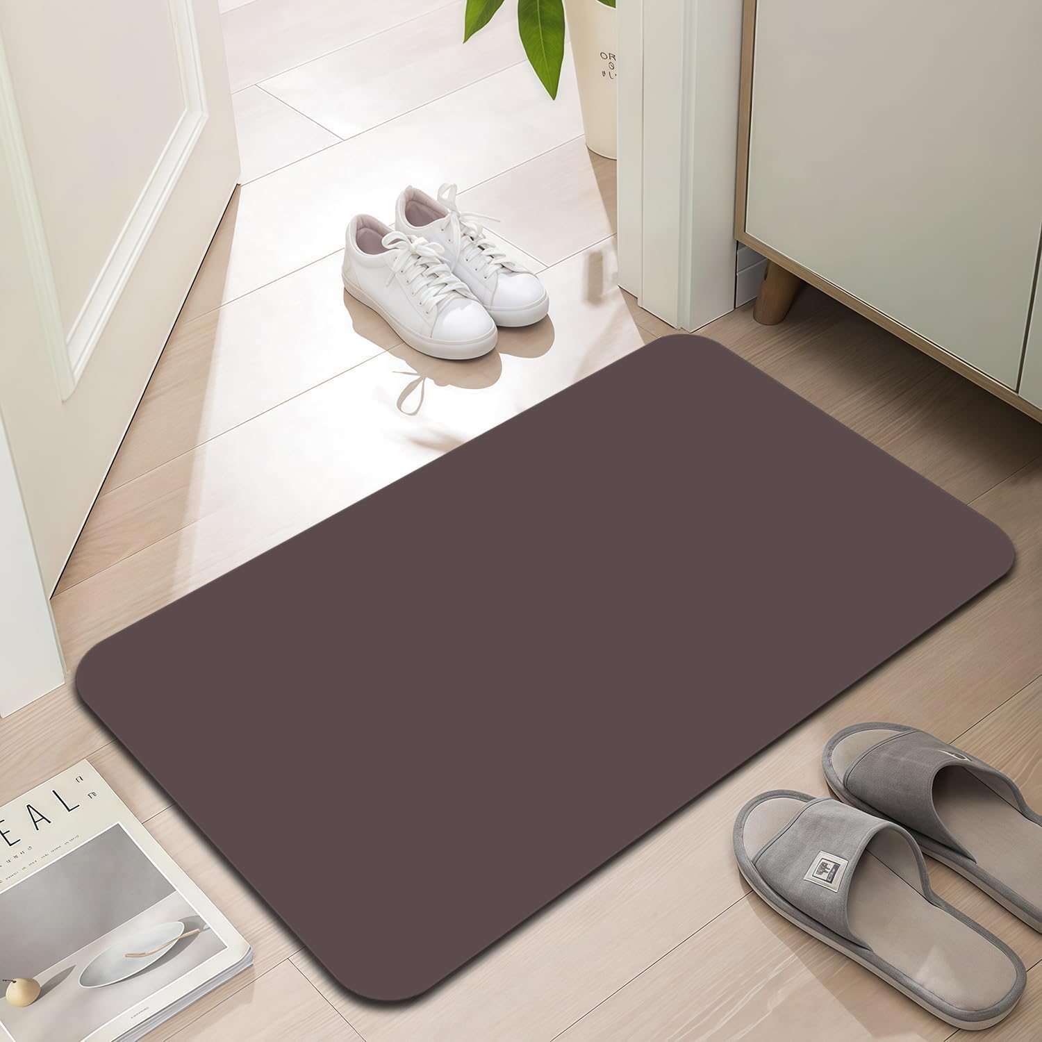 Ultra Thin Door Mat Indoor Entrance, 1/10 in Thin Door Mats for Inside Entry, Non-Slip Rubber Backing Washable Doormat, Fade Resistant, Absorbent, Low Profile Dirt Trapper, 35"X24",Coffee