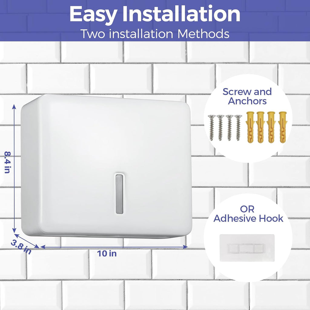 Multifold Paper Towel Dispenser Wall Mount (White) – Large Capacity C-Fold, Trifold, and Folded Commercial Hand Towels Holder for Bathroom & Restroom – Adhesive or Screw Mounted