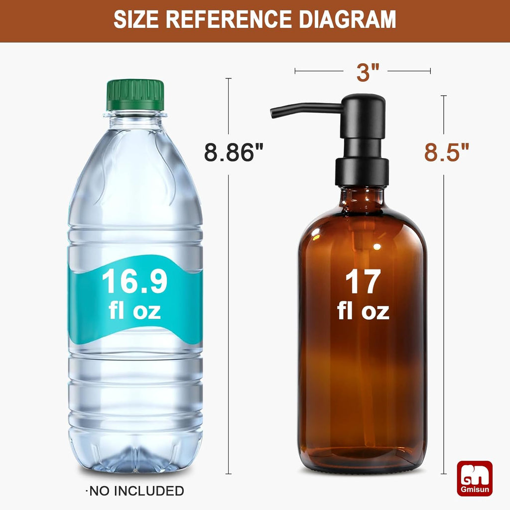 GMISUN Amber Glass Soap Dispenser, 4 Pack Bathroom Hand Soap Dispensers with Stainless Steel Pump, 17 Fl Oz Kitchen Hand and Dish Soap Dispenser Set, Modern Vintage Liquid Brown Soap Dispensers Bottle