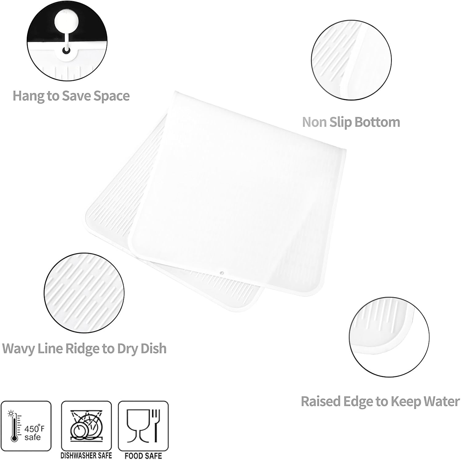 Silicone Dish Drying Mat for Multiple Usage,Easy clean,Eco-friendly,Heat-resistant Silicone Mat for Kitchen Counter or Sink,Refrigerator or Drawer Liner White 5XL 36inches x 18inches