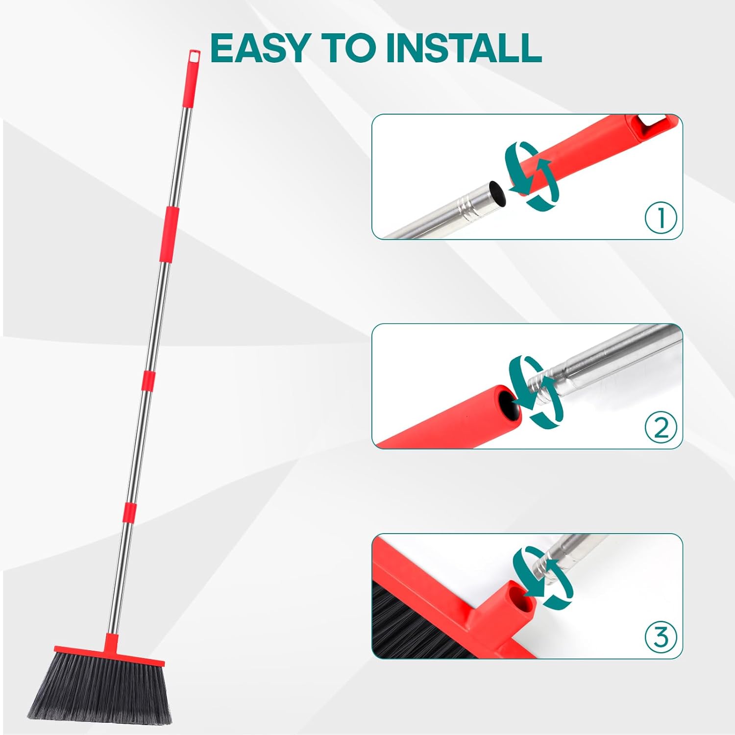 PBHEPJ Broom, Outdoor Broom for Floor Cleaning, 58" Long Stainless Steel Handle, Hard Bristle Angle Broom for Sweeping Indoor, Commercial, Industrial, Garage, Kitchen