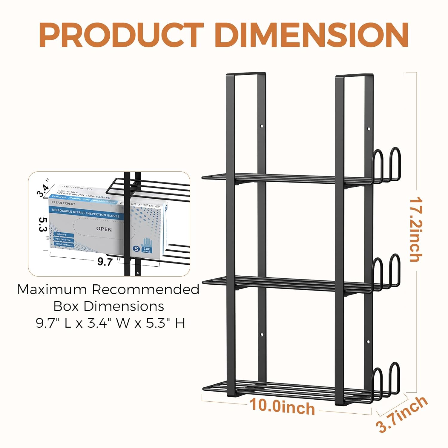 Glove Holder Dispenser for Wall Mount, Black Metal Disposable Latex Gloves Holder for Lab, Wall-Mounted Triple Rubber Box Holder, Tissue Rack for Kitchen and Garage