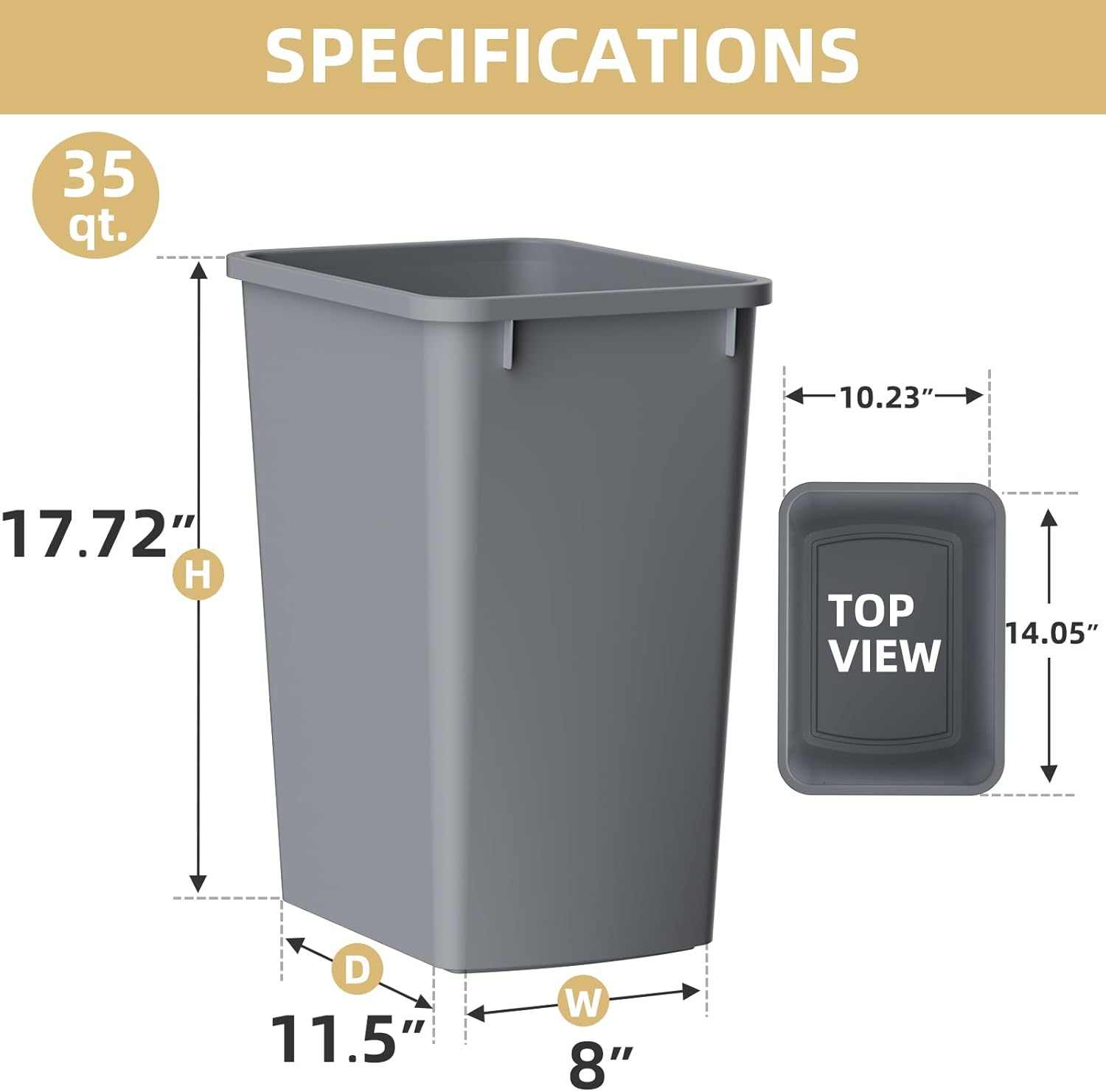 ROOMTEC 35QT Kitchen Trash Can, Lightweight and Sturdy Slim Trash Can, Wastebaskets for Office, Workspace, Kitchen, Bathroom, Easy to Clean, 1 Pack
