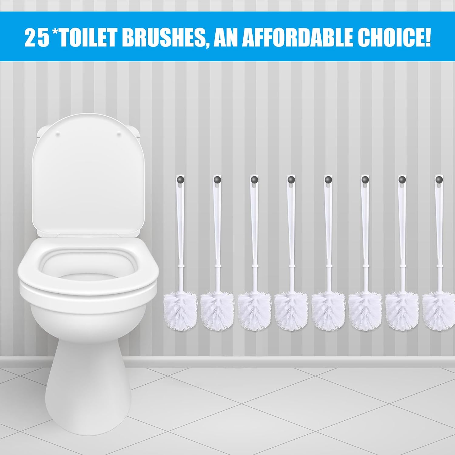 Mimorou 25 Pcs White Toilet Brush, Bathroom Toilet Bowl Brush, Soft Bristle Long Handle Plastic Toilet Scrubber for Bathroom