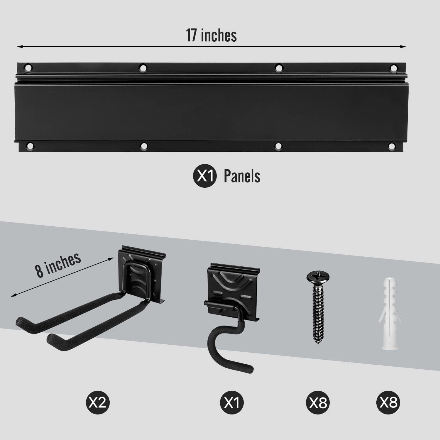Tool Rack Kits, Garage Wall Organization Hanger with 1 Mop Hook and two 8-inch Multi-Purpose Hooks, Garden Yard Shovels Rakes for String Hedge Trimmer Brooms Hoses Folding Chairs ladders, and More