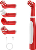 Rechargeable Electric Cleaning Brush with 4 in 1 Multiple Brush Heads and USB Cable, Indoor Household Cordless Motorized Brush for Bathroom Toilet Kitchen Tile Crevice (White & Red)