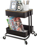 Melody House 2-Tier Metal Utility Rolling Cart Storage Organizer with Cover Board Mobile Trolley Sofa Side Table with Wheels for Office Home Kitchen Organization Black