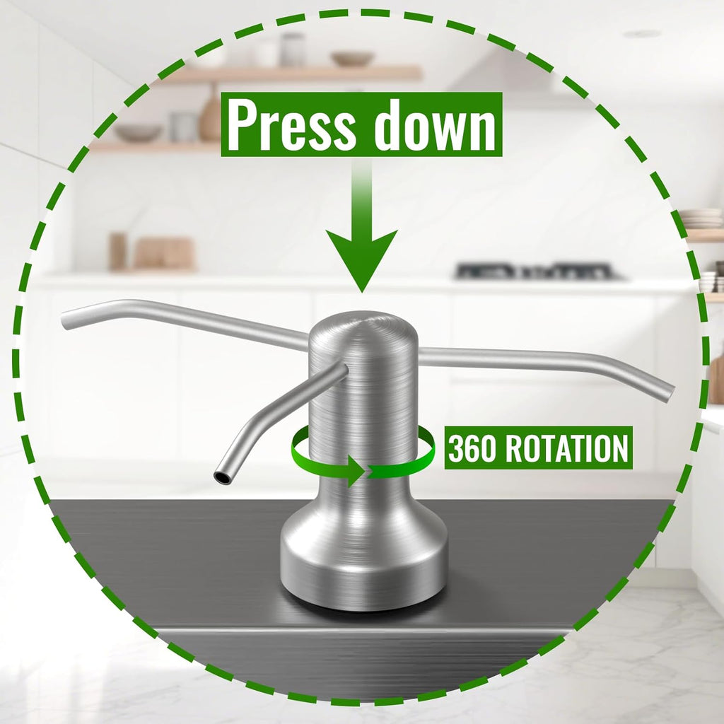 Soap Dispenser for Kitchen Sink, Kitchen Sink Soap Dispenser with 17 OZ Bottle, Refill from The Top Bar, Longer Threaded Shaft Shank, Wide Pump Head Base (Brushed Nickel)