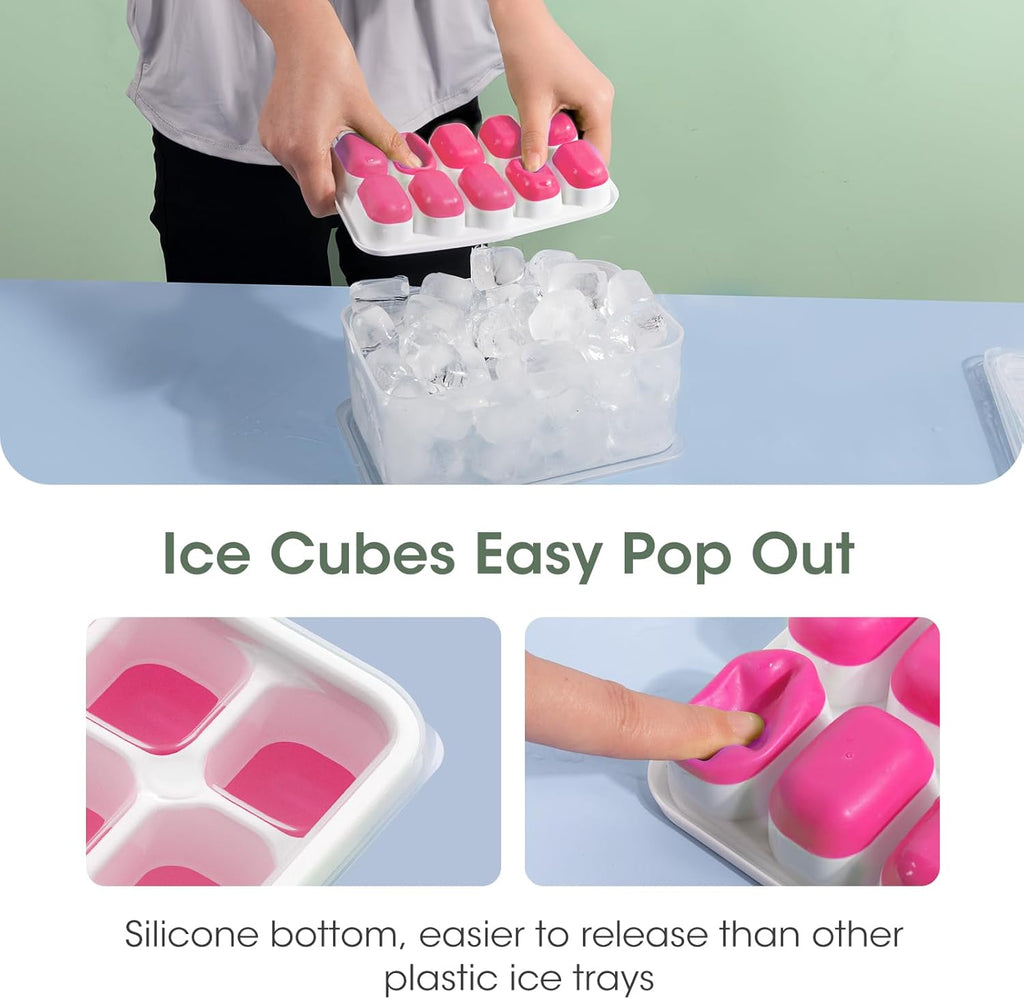 DOQAUS Ice Cube Tray with Lid and Bin, 4 Pack Silicone Plastic Ice Cubes Trays for Freezer with Box/Container, Stackable with Storage Iced Bucket Kits, Scoop, for RV, Soup, Food, Cocktail, Coffee