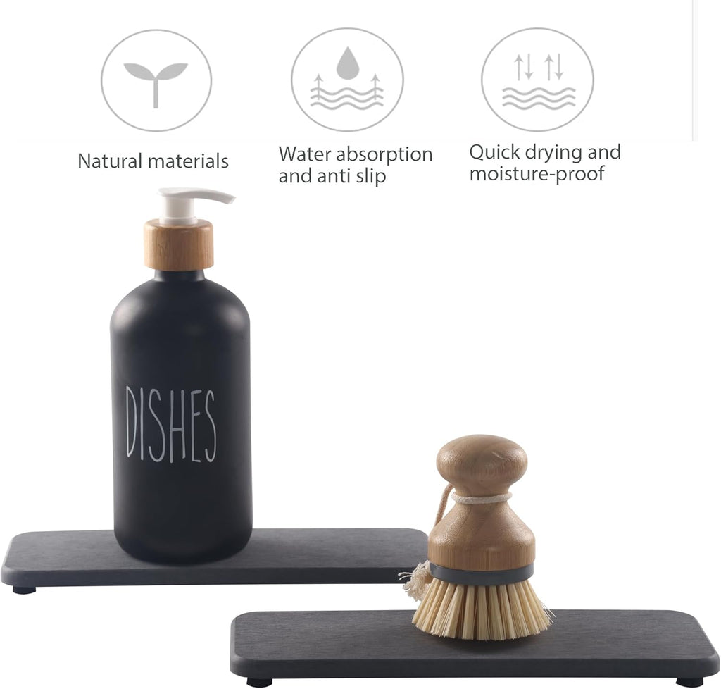 2 Pcs Water Absorbing Stone Trays, Kitchen/Bathroom Sink Soap Dish, Diatomite Tray Used for Hand Soap & Cosmetic Bottles in The Modern Home, 3.54" W x 9" L, Dark Gray