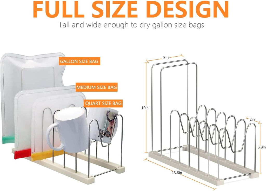 Reusable Bag Drying Rack,Silicone Bag Drying Rack,Plastic Bags Dryer Rack,Dryer Rack for Silicone Storage Bags,Draining Stand Holder for Cups,Bottles,Pan Lid&Cutting Board Organizer
