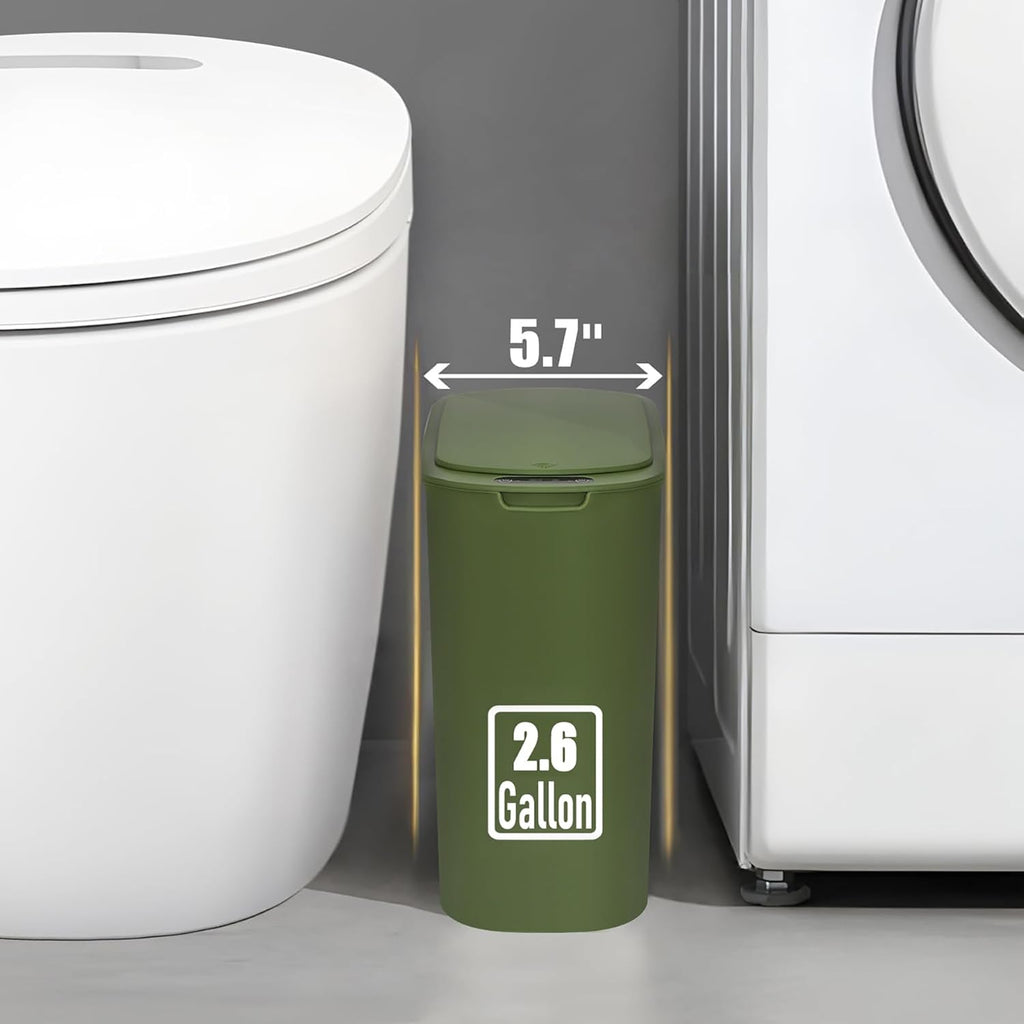 Automatic Motion Sensor Bathroom Trash Can with Lid, 2.6 Gallon Touchless Trash Bin, Smart Garbage Can Plastic Slim Wastebasket for Bedroom, Office, Dorm (Green)