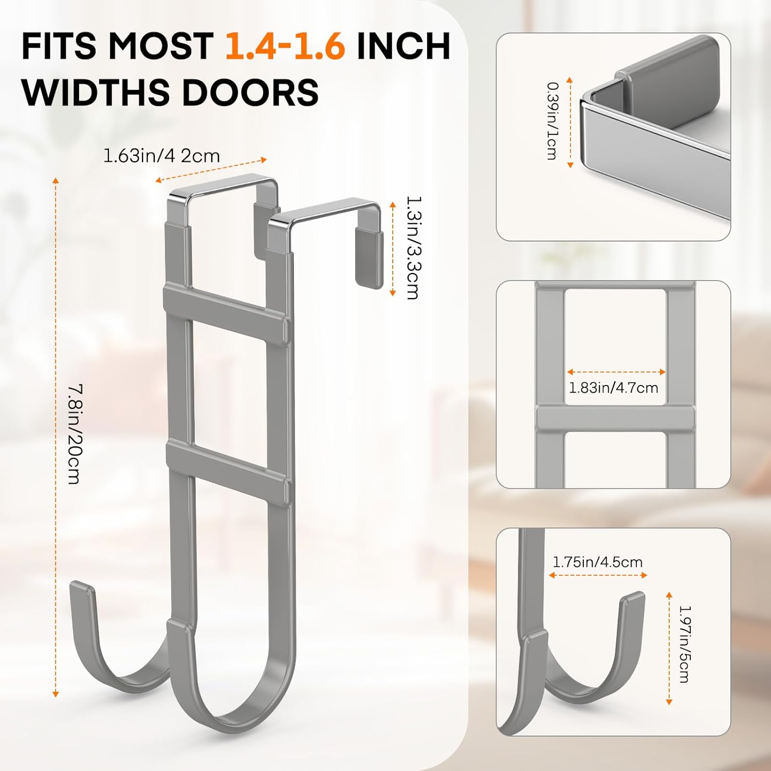 FYY Over The Door Hooks - 4 Pack Heavy Duty Dual-Hook Organizer Hanger with Non-Slip Rubber for Towels, Clothes, Hats & Bags Use in Bathroom, Bedroom, Kitchen - Fits Interior Doors Up to 1.6" Grey
