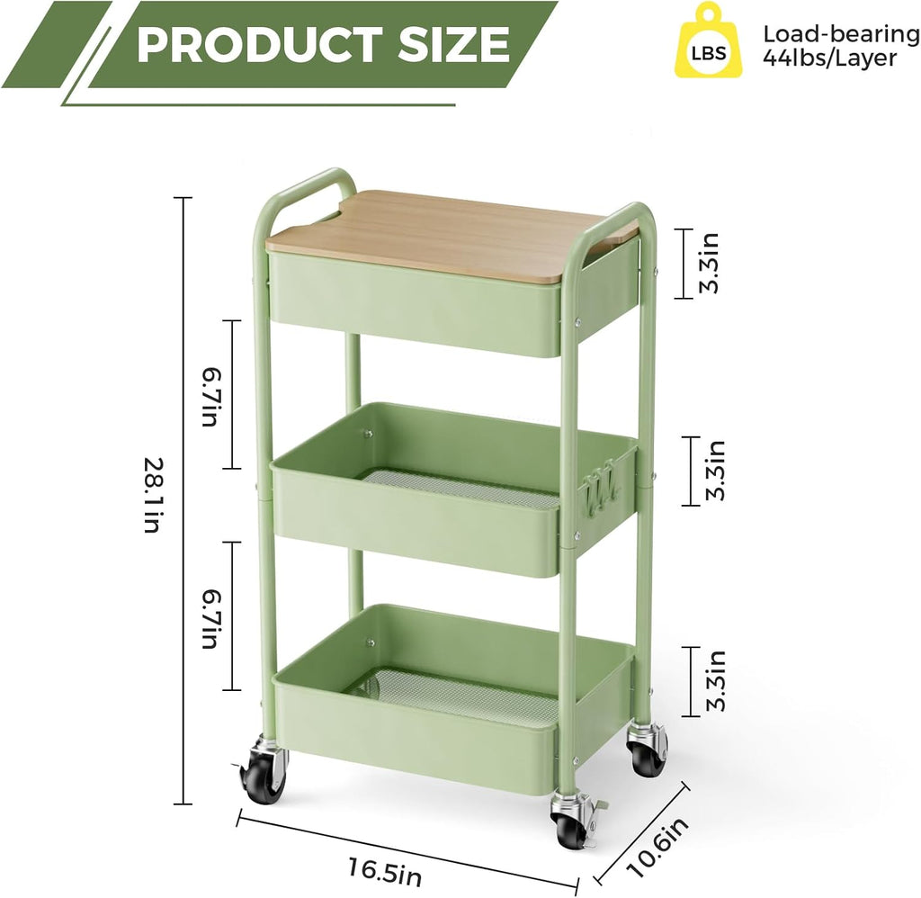3 Tier Rolling Cart with Table top, Metal Rolling Utility Cart, Sturdy Storage Organizer Cart with Locking Wheels & Hooks for Office, Classroom, Kitchen and Bathroom