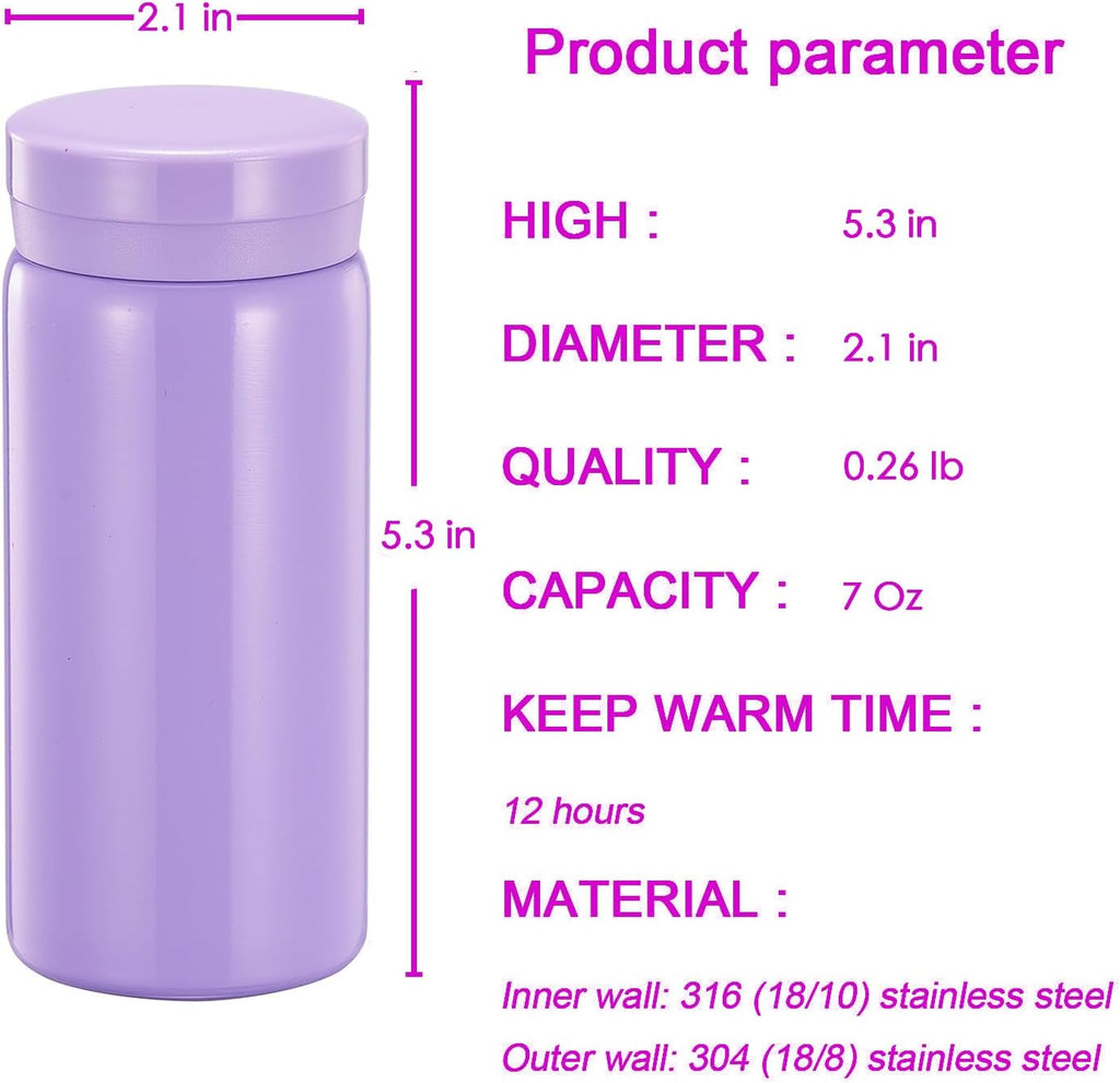 Mini Thermos Cute Water Bottle - 7 oz Tiny Insulated Vacuum 18/10 Stainless Steel Small Flask - Leak Proof & Spill Proof & Keeps Cold and Hot for Drink, Coffee, Tea - Purple