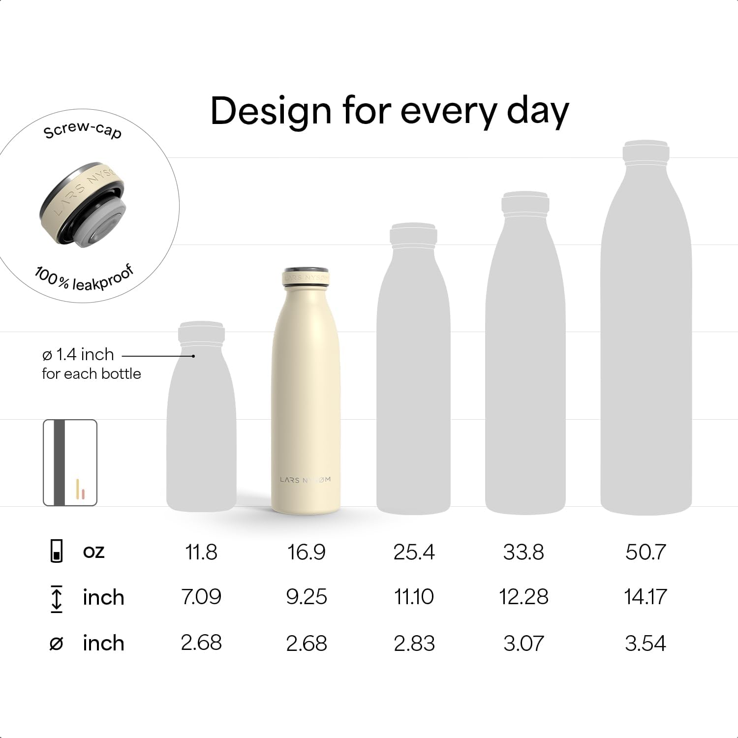 LARS NYSØM Stainless Steel Insulated Water Bottle 12oz 17oz 25oz 34oz 51oz | Insulated Thermo Flask for Hot and Cold Beverages | Leakproof Drinking Bottle (Carbon Black, 17oz)