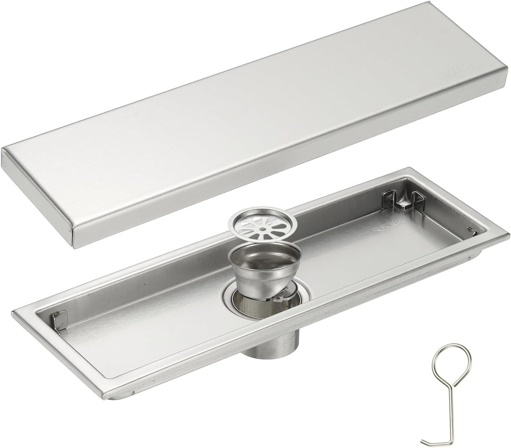 uxcell Rectangular Shower Drain, Brushed 304 Stainless Steel Odor-Proof Floor Drain Linear Shower Drain Hair Catcher for Bathroom Kitchen and Laundry Room(12 Inch, Brushed Silver)