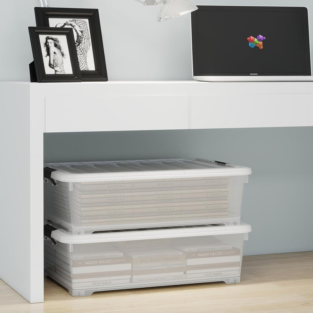 52 Quart Large Plastic Underbed Latching Storage Box, Clear Wheeled Under Bed Storage Bins, 3 Packs