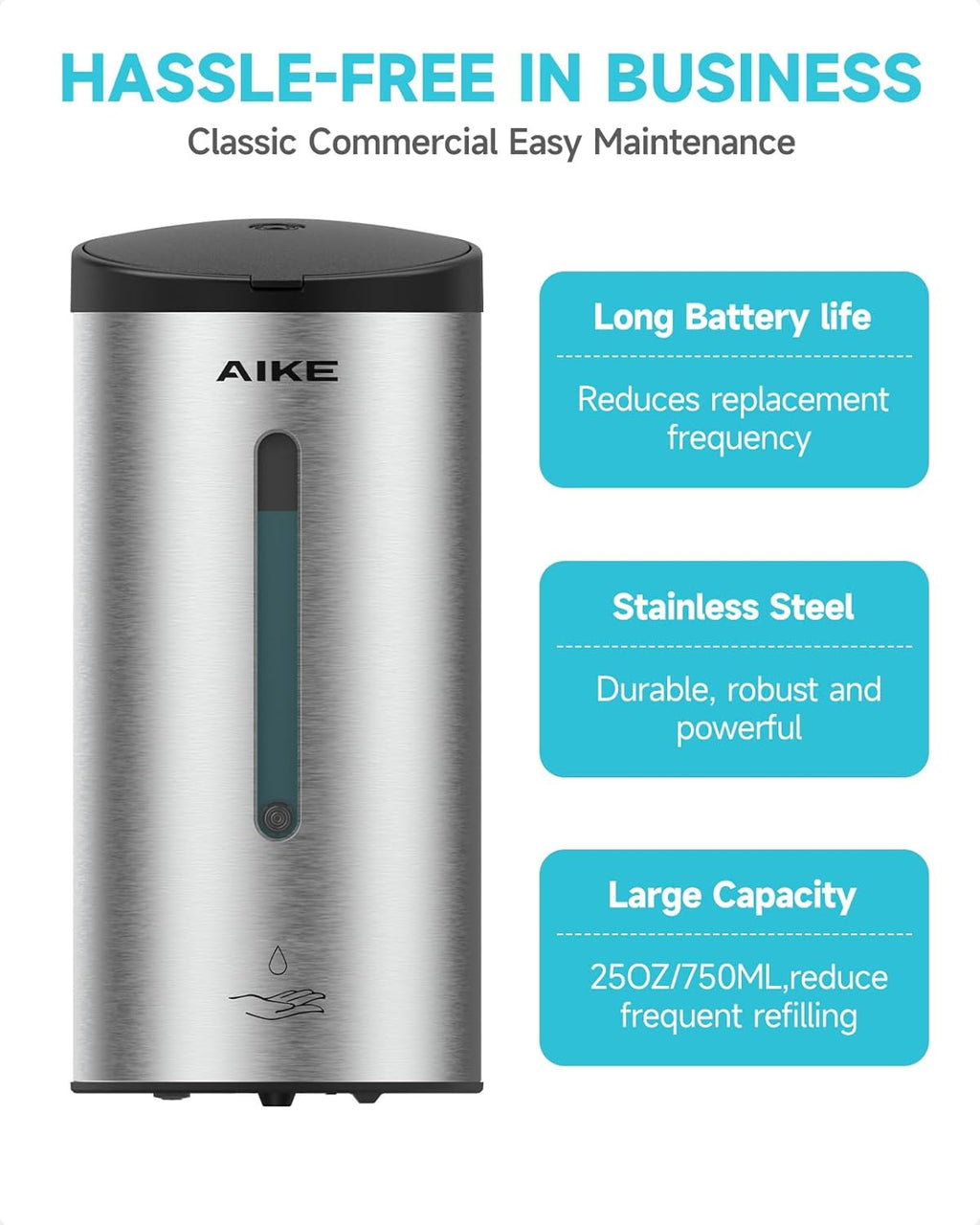 AIKE Automatic Wall Mount Liquid Soap Dispenser, Commercial Stainless Steel with 25oz Large Capacity Save Time Effort and Cost,Model AK1205(Brushed)