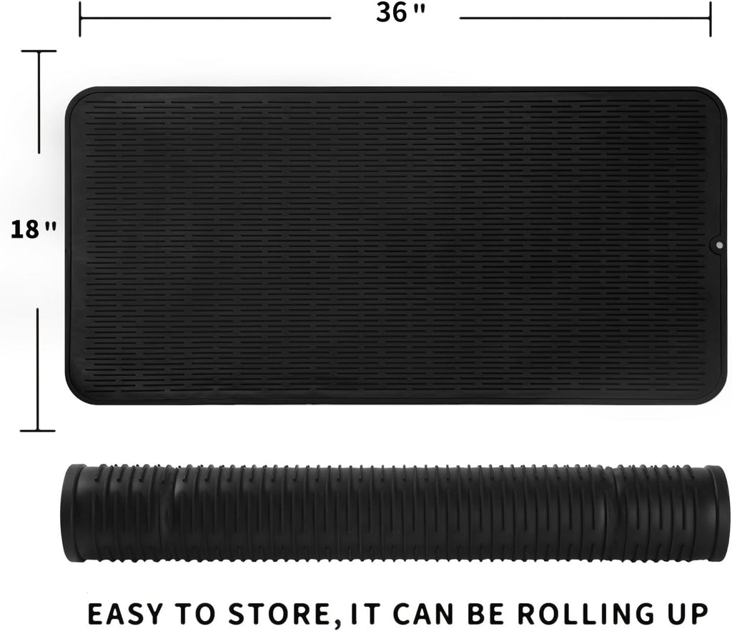 Silicone Dish Drying Mat for Multiple Usage,Easy clean,Eco-friendly,Heat-resistant Silicone Mat for Kitchen Counter or Sink,Refrigerator or Drawer Liner Black 5XL 36inches x 18inches