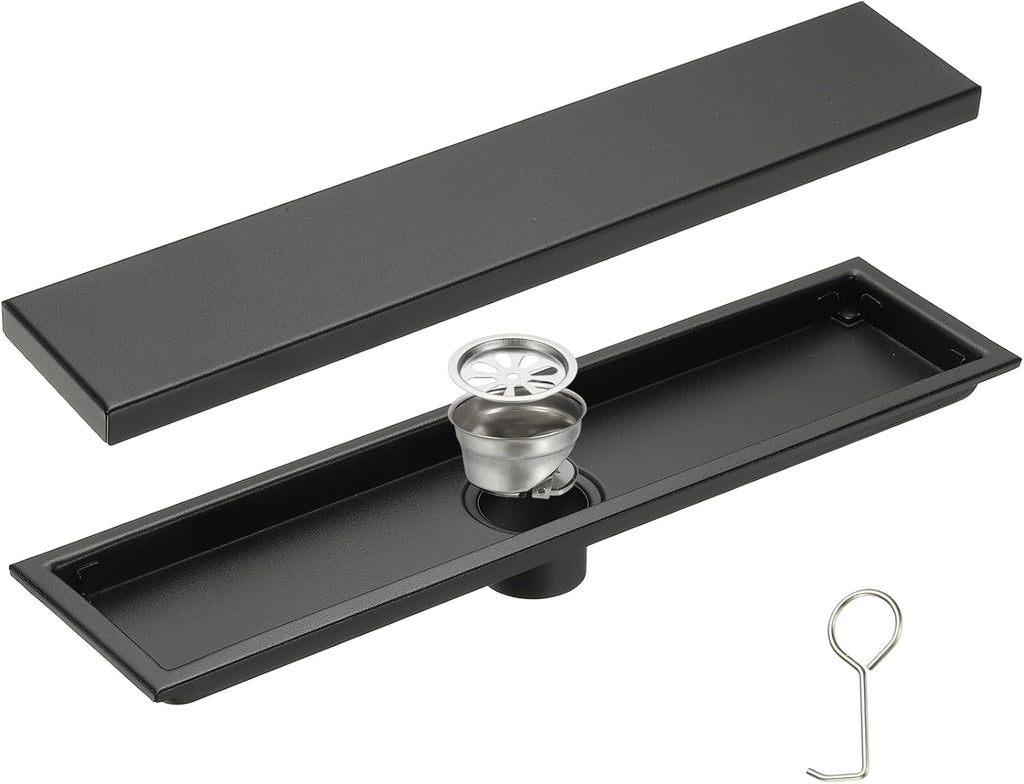 uxcell Rectangular Shower Drain, Brushed 304 Stainless Steel Odor-Proof Floor Drain Linear Shower Drain Hair Catcher for Bathroom Kitchen and Laundry Room(16 Inch, Black)
