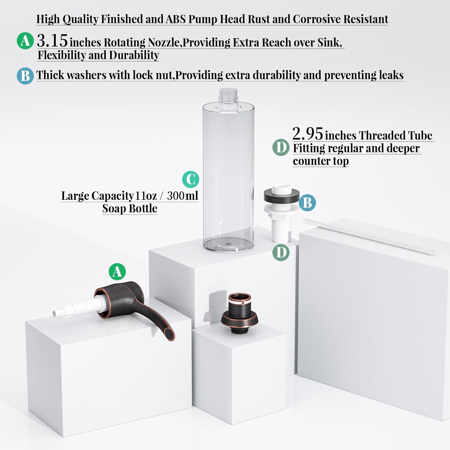 SAMODRA Kitchen Sink Soap Dispenser Oil Rubbed Bronze Built-in Soap Dispenser,ABS Dispenser Pump Head with 11 oz PET Bottle, Refill from Top