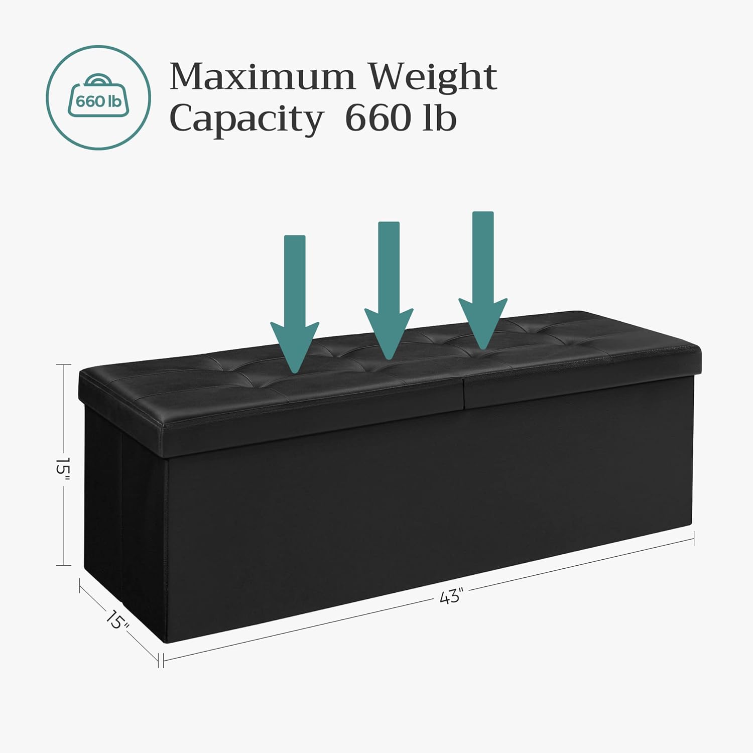 SONGMICS MAZIE Collection - 43 Inches Storage Ottoman Bench with Flipping Lid, Storage Chest with Iron Frame Support, Load 660 lb, for Living Room, Bedroom, Synthetic Leather, Black ULSF75BK