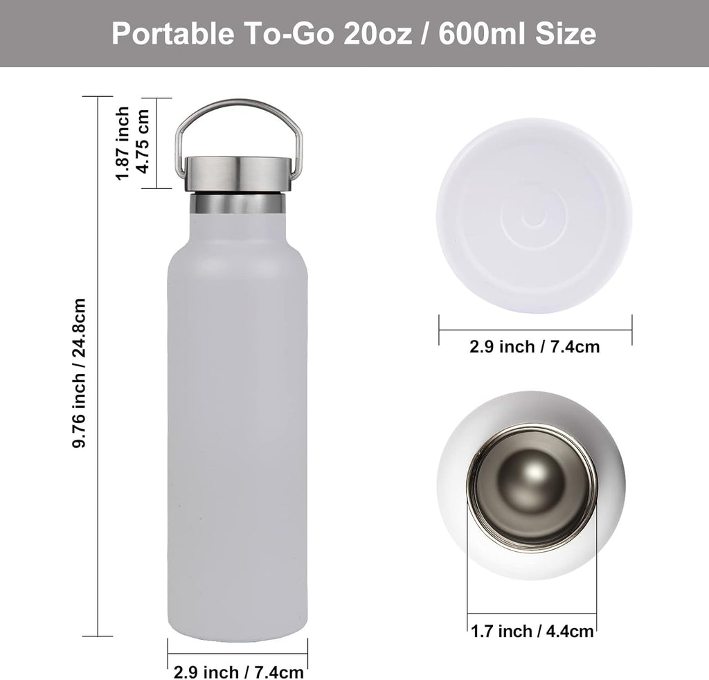 Neihepal 20 oz Insulated Water Bottles Bulk 4 Pack,Stainless Steel Double Wall Sport Bottle with Lid of Handle,Metal Reusable Thermoses Flask with Cup Cap for School,Hikers,Gift (White,Set of 4)