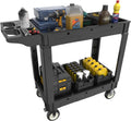2 Tier Plastic Rolling Cart Utility Cart on Wheels, Heavy Duty Tool Carts with Ergonomic Storage Handle and Deep Shelfs, Work Cart Service Cartss for Garage, Warehouse, Workshop, Office, Cleaning