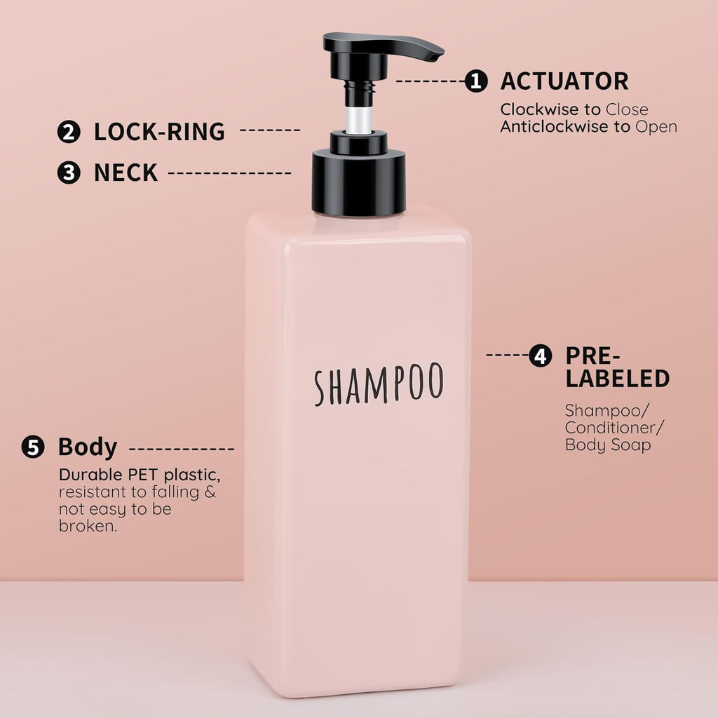 Segbeauty Refillable Shampoo and Conditioner Bottles, 3pcs 16.9oz Square Plastic Bathroom Soap Dispenser Set, 500ml Empty Shower Bottles Lotion Dispenser Press Pump Bottle for Modern Home Decor Pink