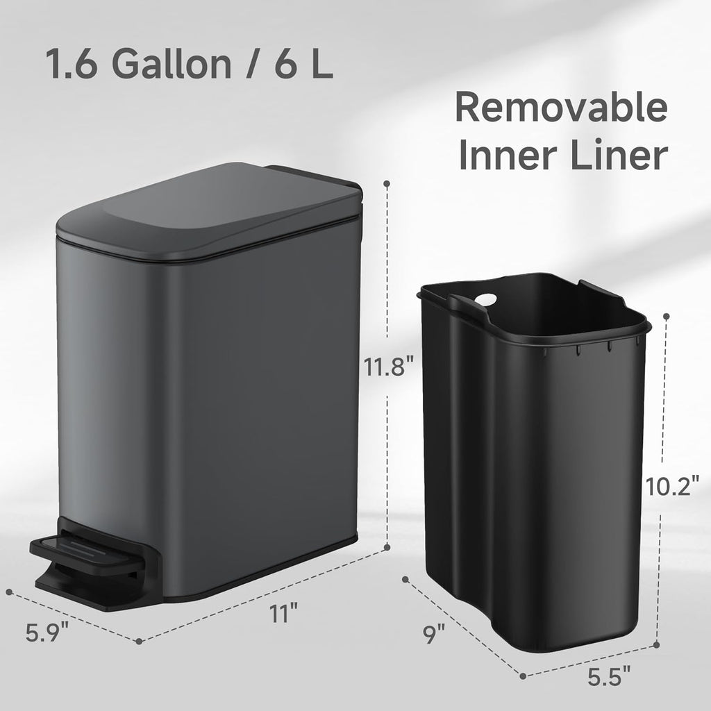 TIPGO Slim Bathroom Trash Can with Lid Soft Close, 6 Liter / 1.6 Gallon Stainless Steel Garbage Can with Removable Inner Bucket, Step Pedal, Small Trash Cans for Bedroom, Office, Kitchen (Grey)