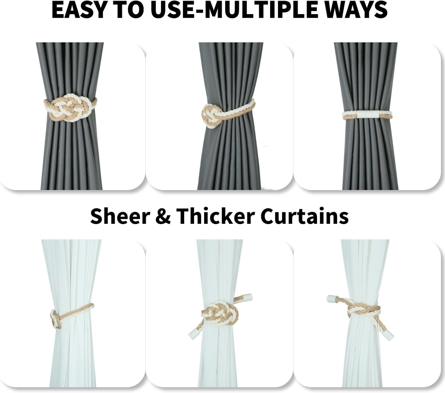 4 Pack Natural Jute Magnetic Curtain Tiebacks, Boho Rustic Style Decorative Curtain Ties Backs for Home & Office Drapery
