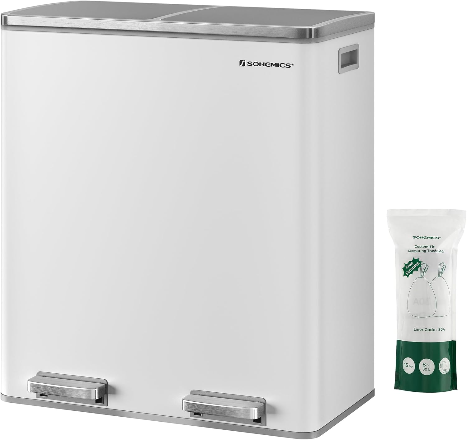 SONGMICS Trash Can, 2 x 8 Gallon (2 x 30 L) Garbage Can for Kitchen, with 15 Trash Bags, 2 Compartments, Plastic Inner Buckets and Hinged Lids, Airtight, White and Gray ULTB60WT
