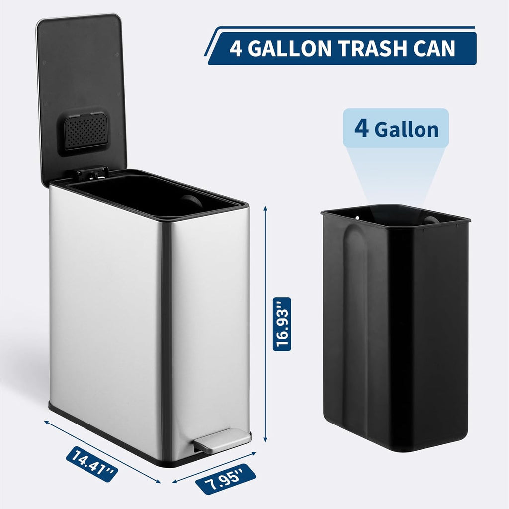 15 L Kitchen Step Trash Can, 4 Gallon Narrow Stainless Steel Waste Bin with Soft-Close Lid, Rectangle Rubbish Bin with Removable Inner Bucket for Bathroom, Dining Room, Living Room