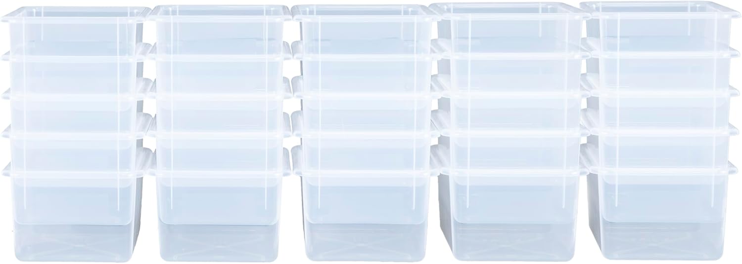 Wood Designs Cubby Storage Bin, Heavy Duty Plastic Containers for Kids Translucent Clear Cubby Tray Set of 25