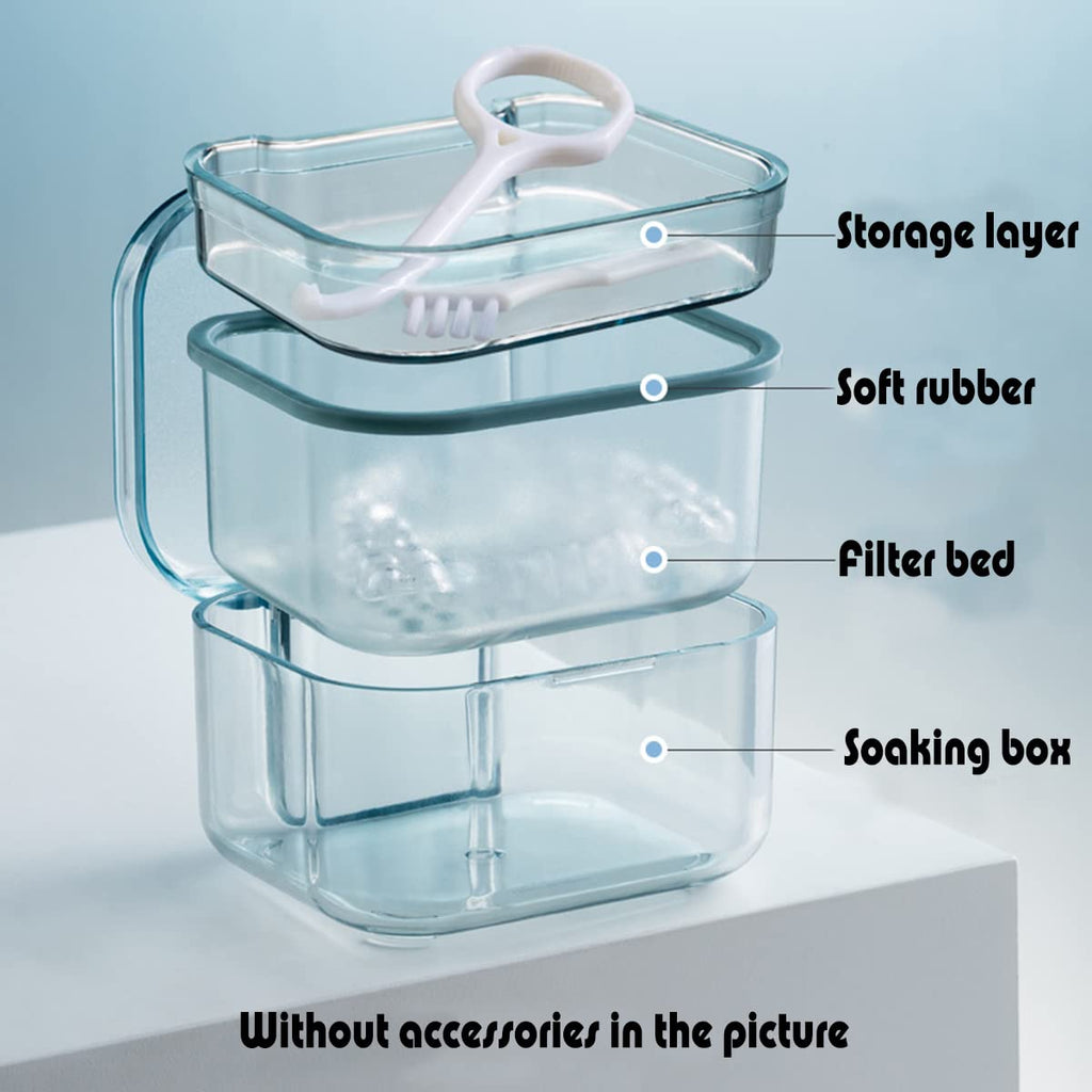 MURRI&MURRDI Retainer Case, Denture Bath Box with Strainer Basket, Mouth Guard Case, Braces Cleaner Cup, Cute Denture Cleaning Holder for Travel Retainer Storage Soak Container (B Blue)