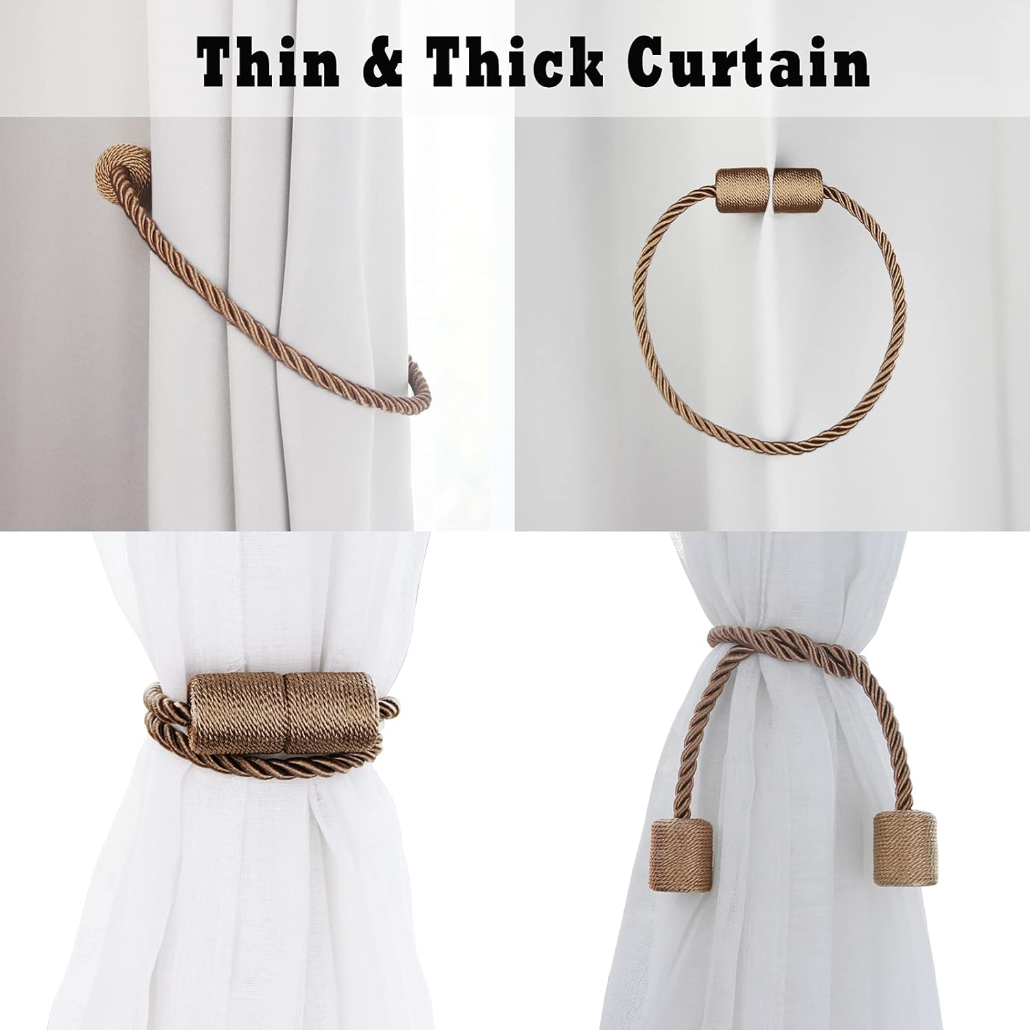 6 Pack Khaki Strong Magnetic Curtain Tiebacks Outdoor Elegant Decorative Tie Backs Modern Rope Tiebacks for Drapes Window Curtain Holdbacks for Draperies