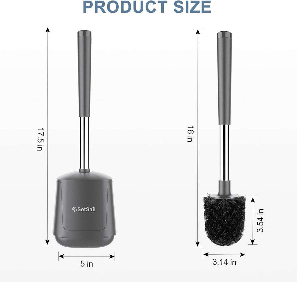 SetSail Toilet Brush and Holder 3 Pack, Self Closing Lid Toilet Bowl Brushes Holder Extra Long Handle Ventilated Toilet Brush Set for Bathroom Cleaning, Nylon Bristles, Grey