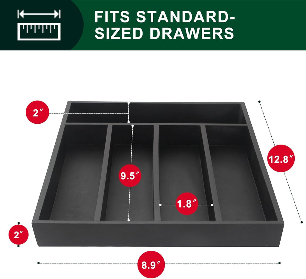 Ayiaren Small Kitchen Silverware Organizer Wooden Utensil Drawer Organizers Narrow Flatware Tray Wood Flatware Organizer for Drawer Spoon Organizer Black Utensil Holder Drawers Bamboo Silverware Tray