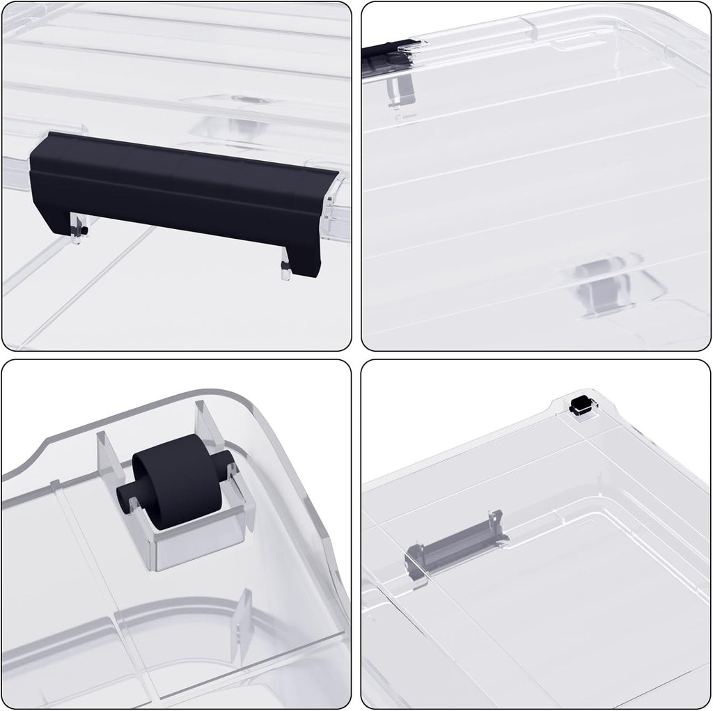 4-Pack 25L Plastic Under Bed Storage Organizer Bin Container with Latch Lids and Wheels, Clothes Storage Box Rolling Underbed, Clear