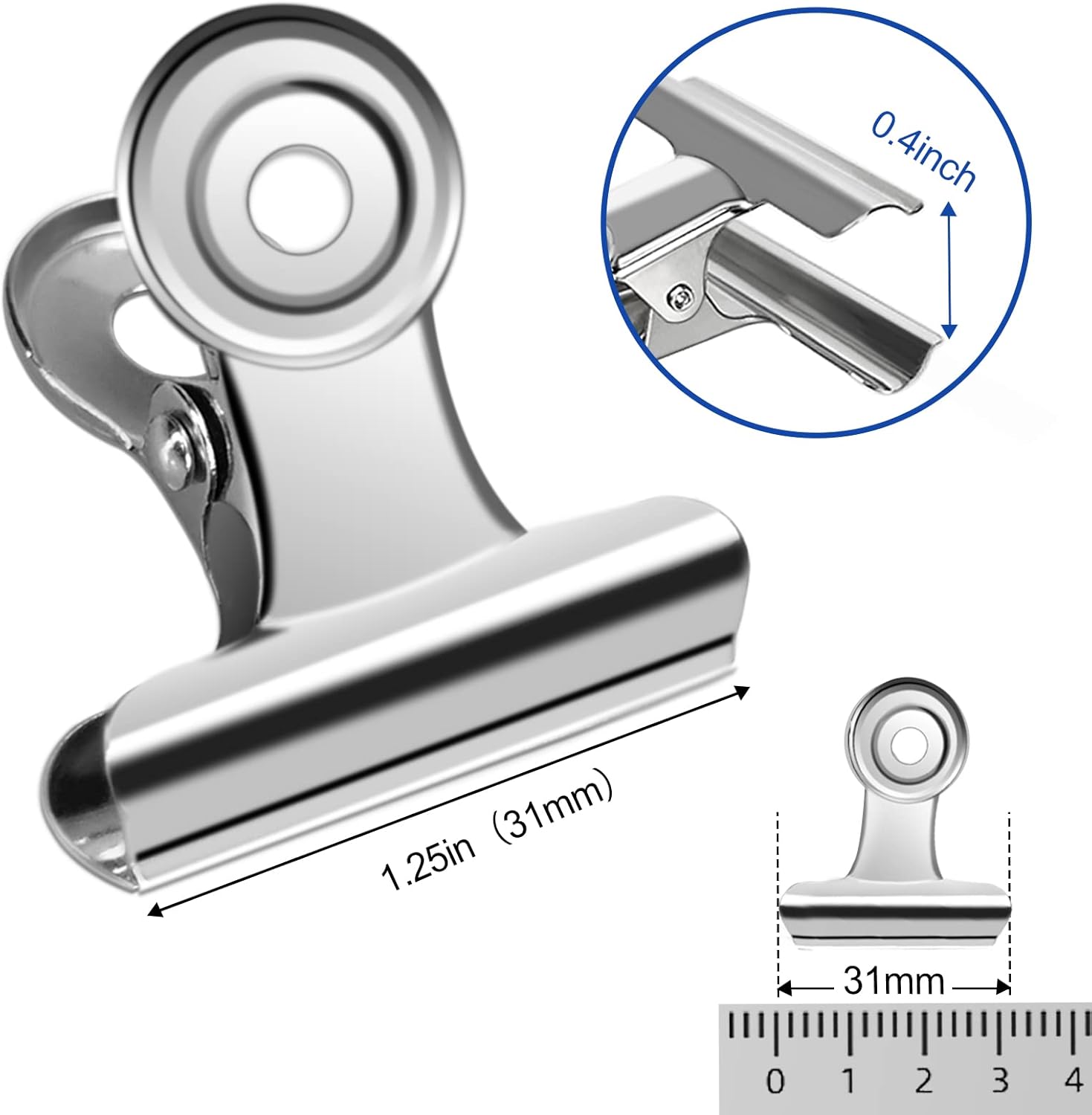 30 Pack Small Bull Clips 1.22 Inch Mini Metal Hinge Clips Binder Paper Hinge Clip for Office, Home, School, Shops, Silver, 31mm
