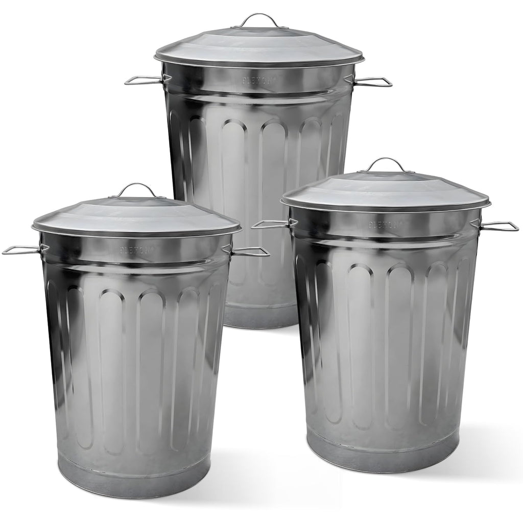 Plexon Round Trash Can 13 Gallon, Vintage Metal Outdoor Trash Can with Lid, Retro Farmhouse Garbage Container, Old School Modern Ash Bucket, Galvanized Steel 3 Pack