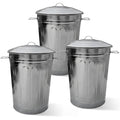 Plexon Round Trash Can 13 Gallon, Vintage Metal Outdoor Trash Can with Lid, Retro Farmhouse Garbage Container, Old School Modern Ash Bucket, Galvanized Steel 3 Pack