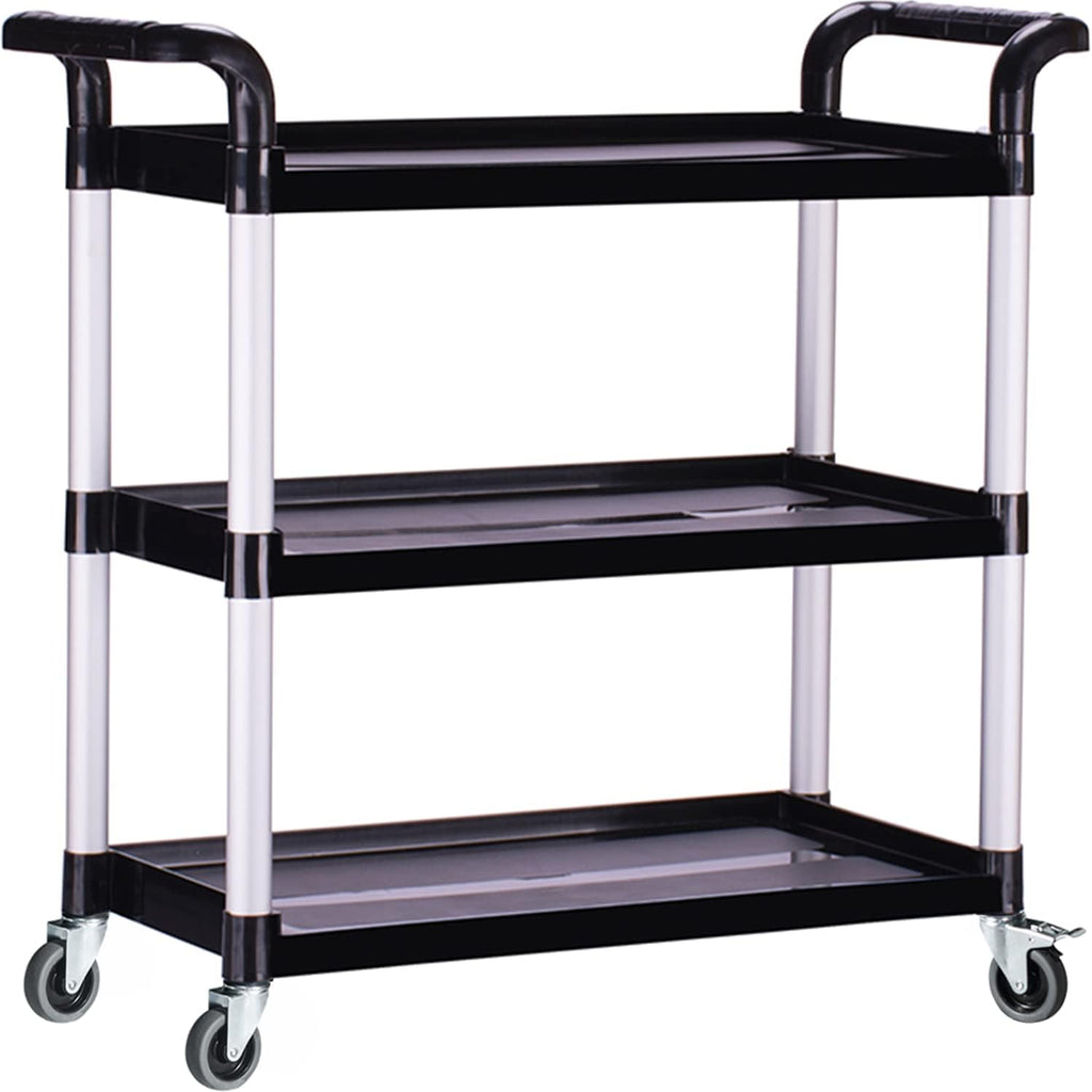 Plastic Utility Carts with Wheels, Heavy Duty 510lbs Capacity Rolling Service Cart, 3-Tier Restaurant Food Cart with Hammer for Office, Warehouse, Garage (Lockable Wheels, Black)